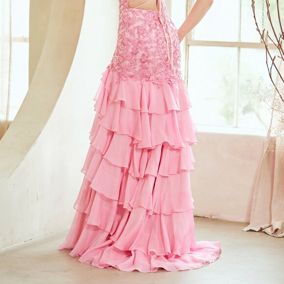 New Floral Beaded Ruffled Gown w/ Scoop Neckline & Open Lace Up Back AC 7085 - Picture 7 of 10
